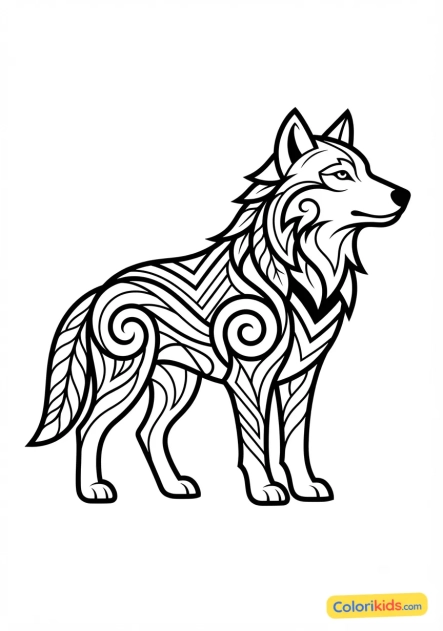 Coloriage à imprimer : loup stylisé avec des motifs tribaux