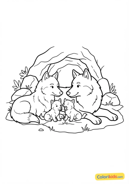 Coloriage à imprimer : loup et sa famille près d'une caverne