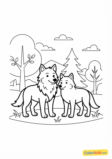 Coloriage à imprimer : loup et sa louve dans les bois