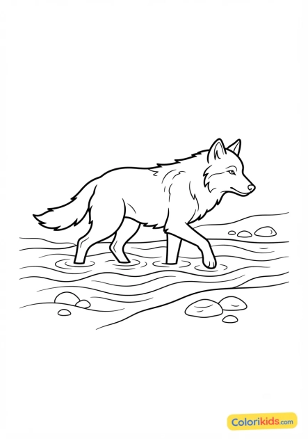 Coloriage à imprimer : loup traversant une rivière peu profonde