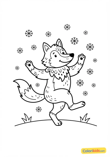Coloriage à imprimer : loup dansant sous les flocons de neige