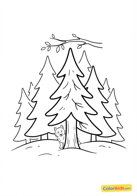 Coloriage à imprimer : loup caché derrière les sapins