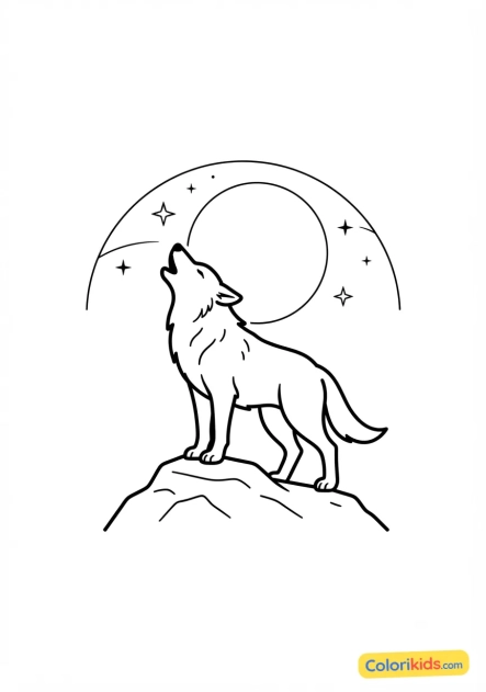Coloriage à imprimer : loup hurlant à la lune dans la nuit