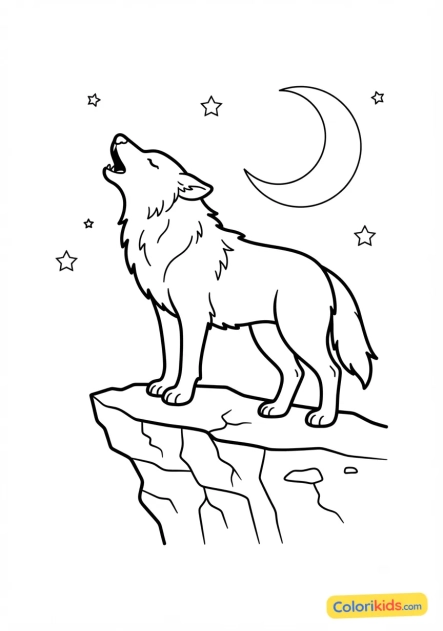 Coloriage à imprimer : loup hurlant sur une falaise rocheuse