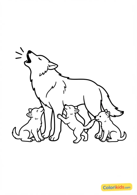 Coloriage à imprimer : loup hurlant avec des louveteaux autour