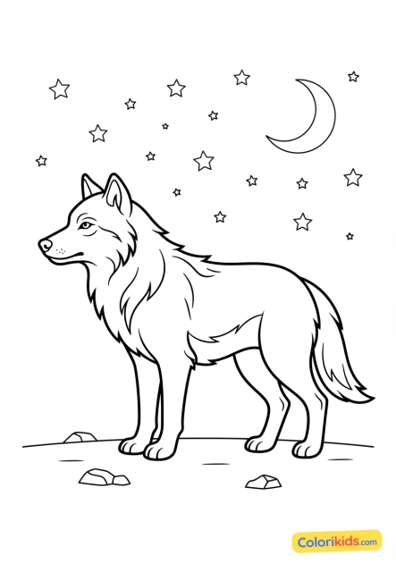 Coloriage à imprimer : loup de profil sous un ciel étoilé