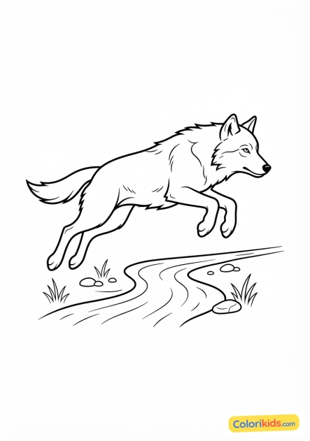 Coloriage à imprimer : loup sautant par-dessus un ruisseau