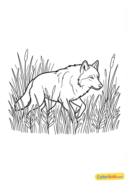 Coloriage à imprimer : loup à l'affût dans les hautes herbes