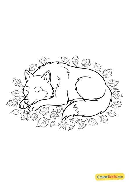 Coloriage à imprimer : loup couché sur un tapis de feuilles