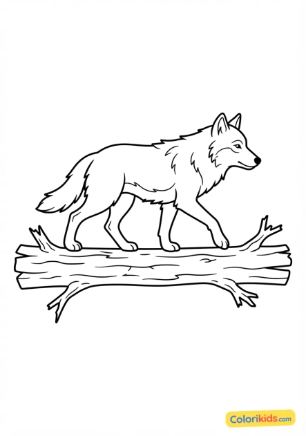 Coloriage à imprimer : loup marchant sur un tronc d'arbre
