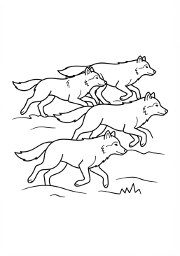Voir le coloriage Meute de loups courant dans la neige