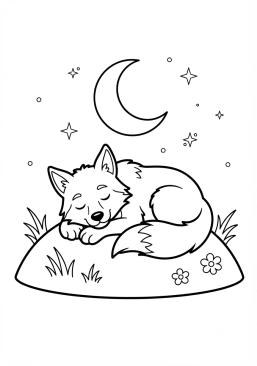 Voir le coloriage Loup endormi sous la lune