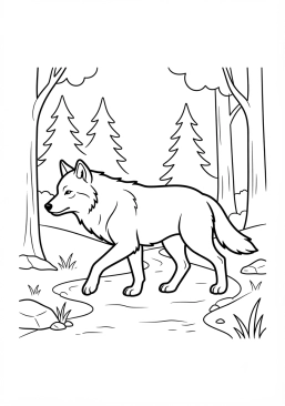 Voir le coloriage Loup solitaire marchant dans la forêt