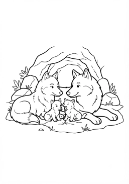 Voir le coloriage Loup et sa famille près d'une caverne