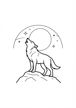 Voir le coloriage Loup hurlant à la lune dans la nuit