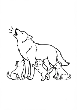 Voir le coloriage Loup hurlant avec des louveteaux autour