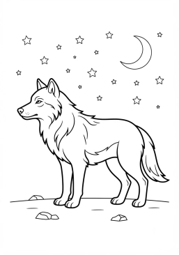 Voir le coloriage Loup de profil sous un ciel étoilé