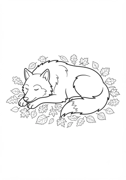 Voir le coloriage Loup couché sur un tapis de feuilles
