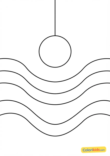 Printable coloring page: suspended circle and minimalist waves