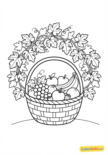 Coloriage à imprimer : panier rempli de fruits frais et de vignes luxuriantes