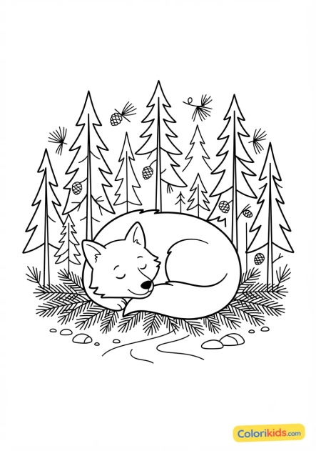 Coloriage à imprimer : loup bienveillant endormi dans une forêt de grands pins