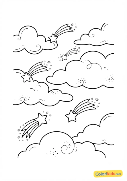 Coloriage à imprimer : ciel nuageux parsemé d'étoiles filantes et de doux nuages