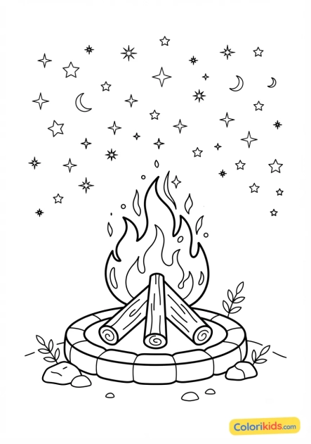 Coloriage à imprimer : feu de camp crépitant sous un ciel nocturne étoilé