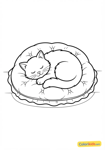 Coloriage à imprimer : chat pelotonné et endormi paisiblement sur un coussin moelleux