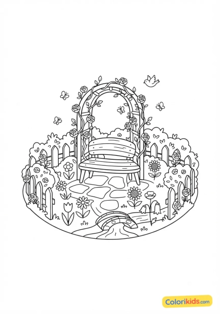 Coloriage à imprimer : jardin secret fleuri avec un petit banc accueillant