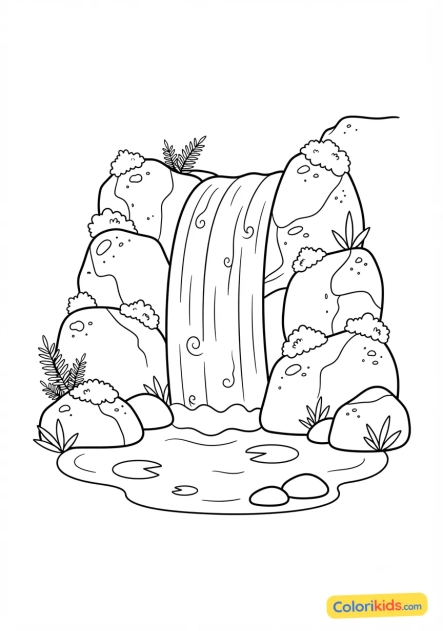 Coloriage à imprimer : cascade d'eau douce coulant entre des rochers moussous