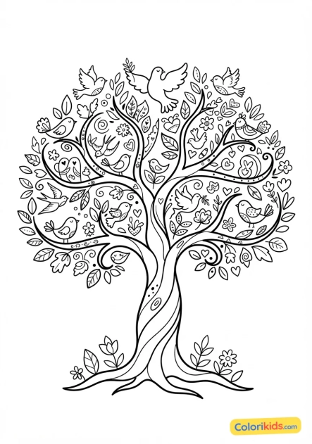 Coloriage à imprimer : grand arbre de la paix aux branches généreuses accueillant des oiseaux