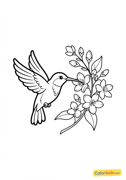 Coloriage à imprimer : colibri butinant une fleur de jasmin délicate