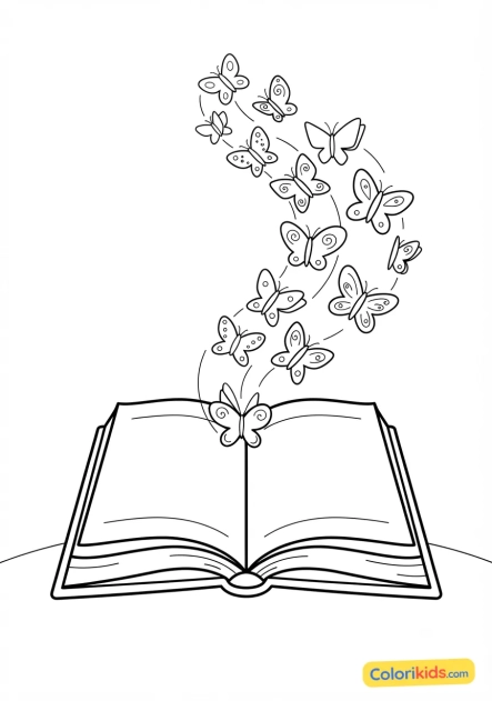 Coloriage à imprimer : grand livre ouvert laissant s'échapper des papillons de papier