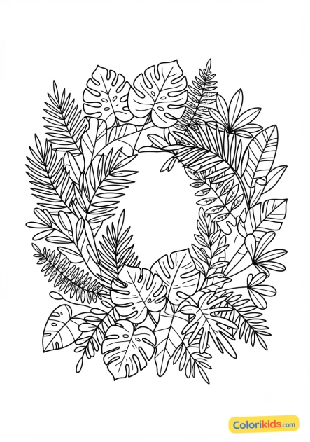 Coloriage à imprimer : feuillage tropical luxuriant et enveloppant pour un moment de calme