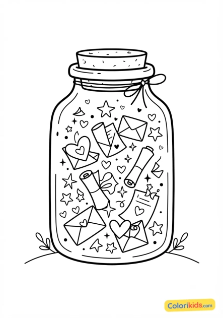 Coloriage à imprimer : bocal de verre magique rempli de petits mots doux et d'étoiles