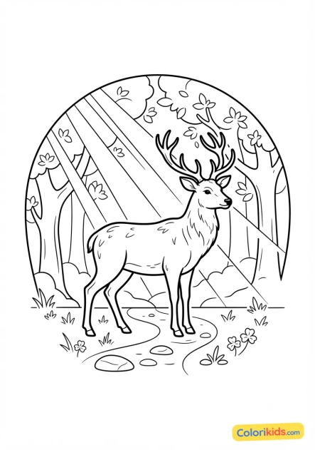 Coloriage à imprimer : cerf majestueux dans une clairière baignée de rayons de soleil