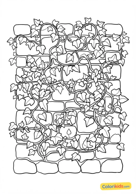 Coloriage à imprimer : mur de pierres anciennes recouvert de lierre grimpant