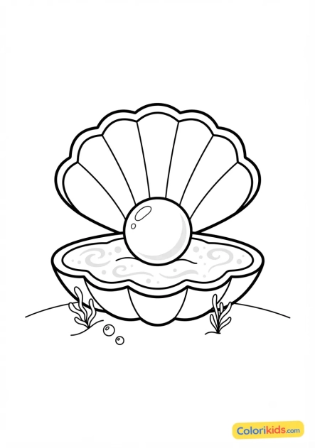 Printable coloring page: open sea shell revealing a precious pearl