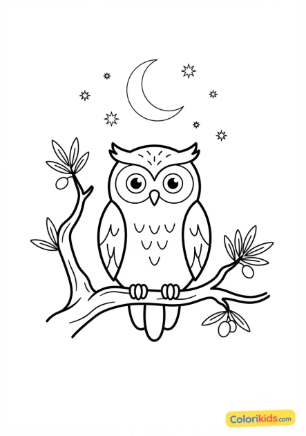 Coloriage à imprimer : hibou perché sur une branche d'olivier sous la lune