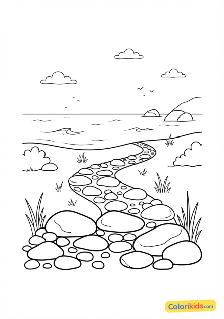 Coloriage à imprimer : chemin de galets menant vers une mer apaisée