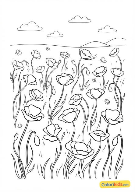 Coloriage à imprimer : champ de coquelicots dansant au gré du vent léger