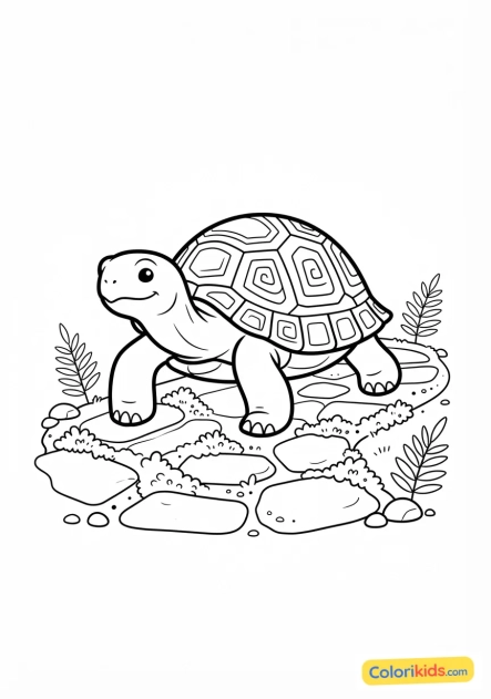 Coloriage à imprimer : tortue lente et sage avançant sur un sentier moussous
