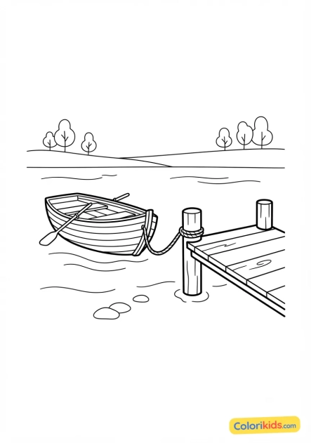Coloriage à imprimer : petite barque en bois attachée à un quai en bois calme