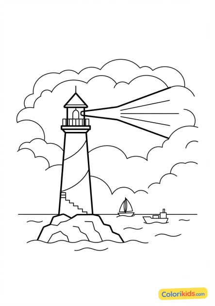 Coloriage à imprimer : phare solitaire guidant les navires à travers la brume