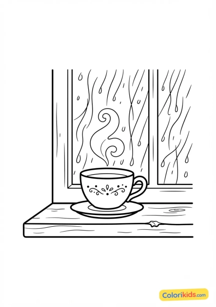 Coloriage à imprimer : tasse de thé fumante posée sur le rebord d'une fenêtre pluvieuse