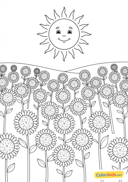 Coloriage à imprimer : champs de tournesols tournés vers un soleil souriant