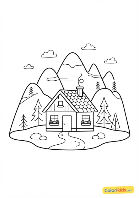 Printable coloring page: warm little cabin nestled in the heart of the mountains
