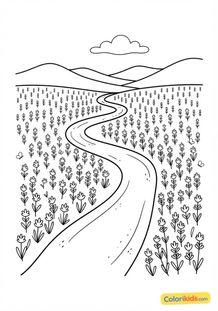Coloriage à imprimer : chemin sinueux traversant un champ de lavande en fleurs