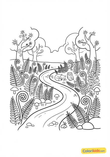 Coloriage à imprimer : ruisseau sinueux traversant une forêt enchantée de fougères