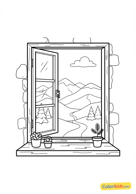 Ausmalbild zum Ausdrucken: halb geöffnetes Fenster mit Blick auf eine schneebedeckte Berglandschaft